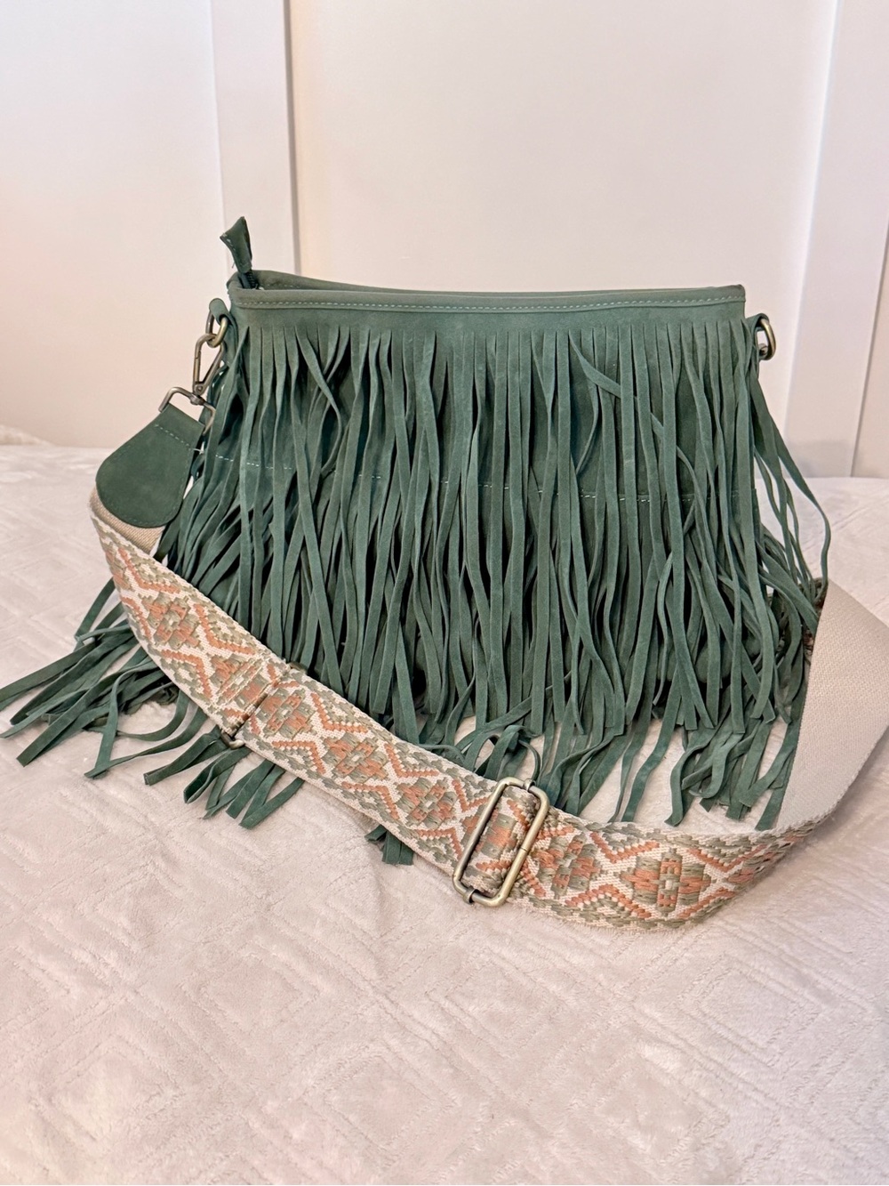 Boho Fringe Suede Crossbody Bag Sage Green  adjustable Guitar Strap Jen & Co.